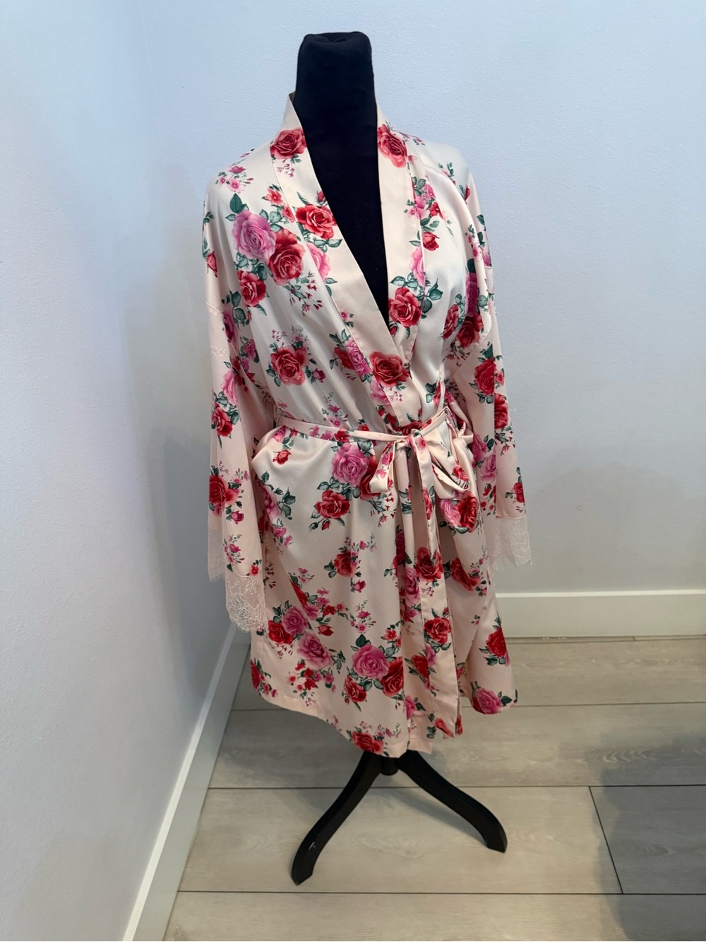 INC International Concepts Cream Satin Floral Wrap Robe with Pink Roses